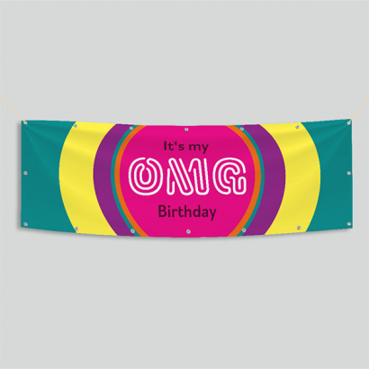 Partybanner bedruckt vor grauen Hintergrund