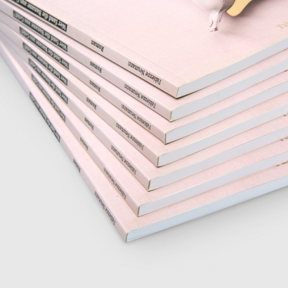 Broschüren klebegebunden auf grauem Hintergrund