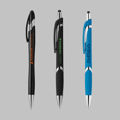 Druckkugelschreiber mit Touchpen auf grauem Hintergrund