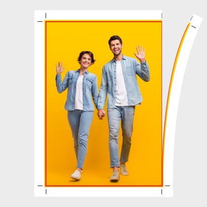 Druckdatei mit zwei Menschen, die winken und Händchen halten als Motiv und ein Beschnitt auf der rechten Seite