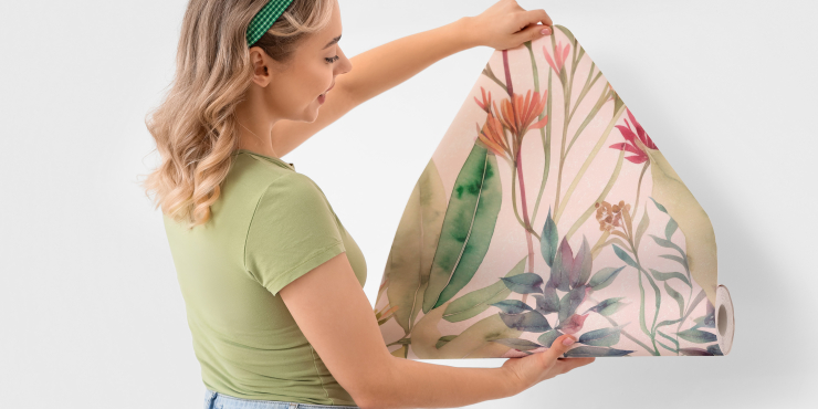Frau zieht bedruckte Wandtapete an einer Wand hoch