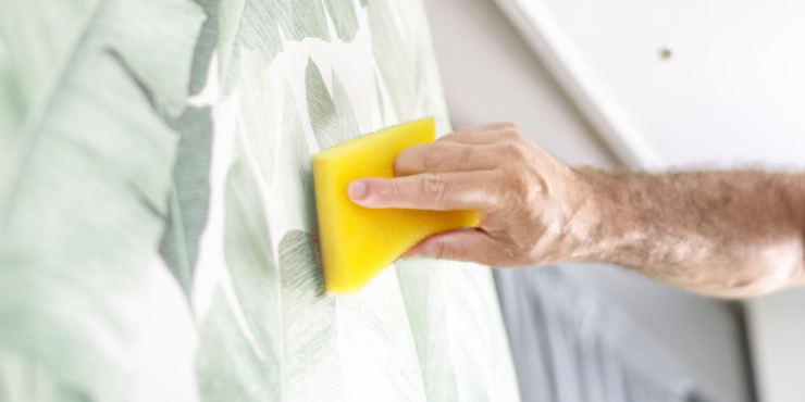 Hand entfernt mit Schwamm den überflüssigen Tapetenkleber