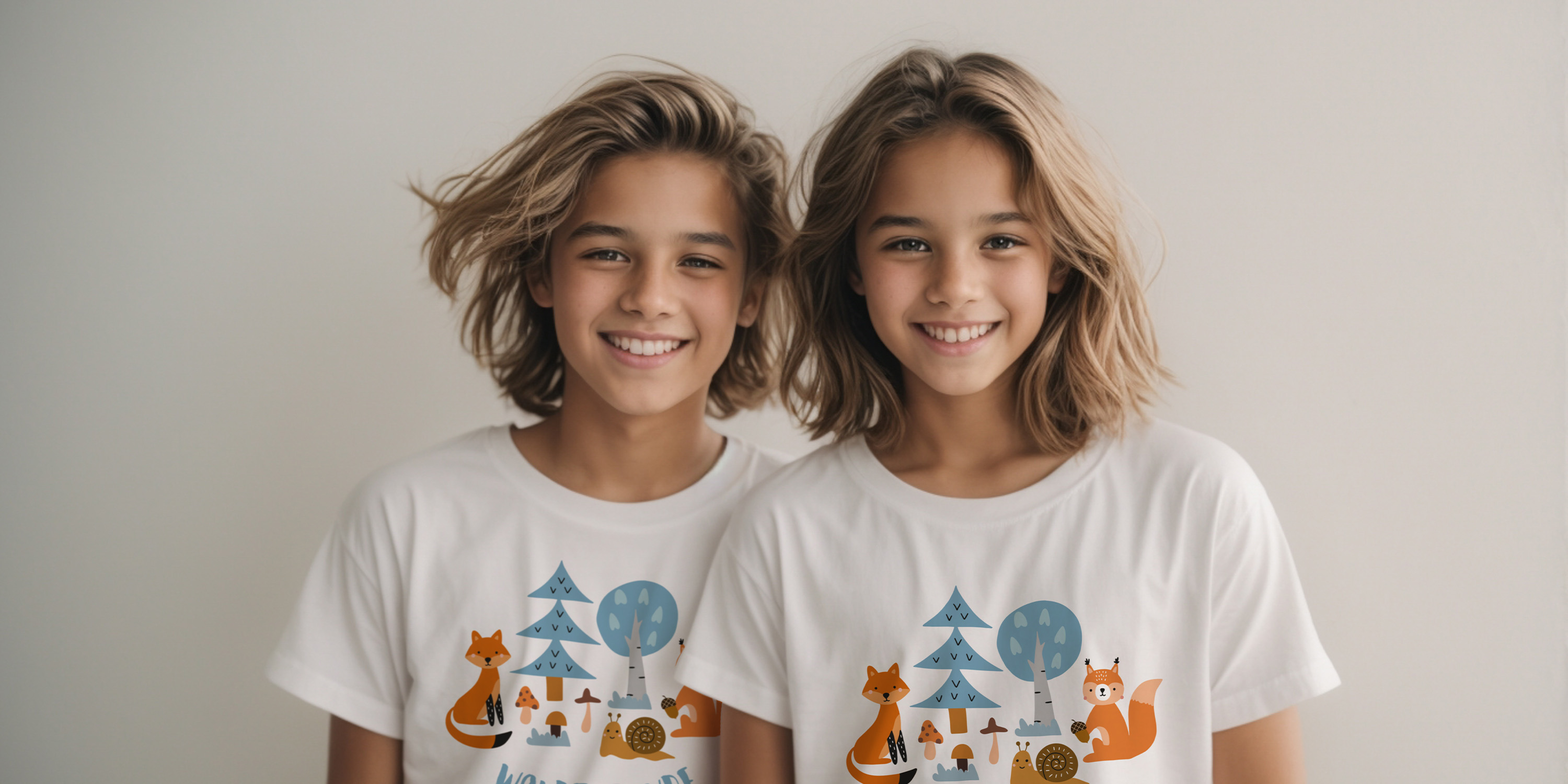 Zwei junge Mädchen tragen bedruckte T-Shirts der Marke Fruit of the Loom ®