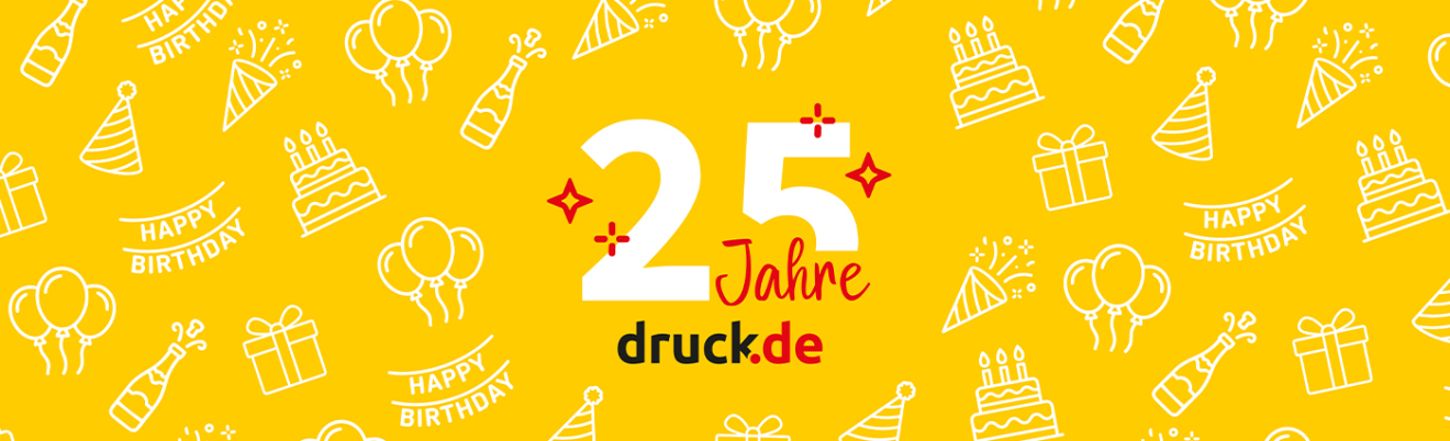 25 Jahre druck.at Schriftzug auf gelbem Hintergrund