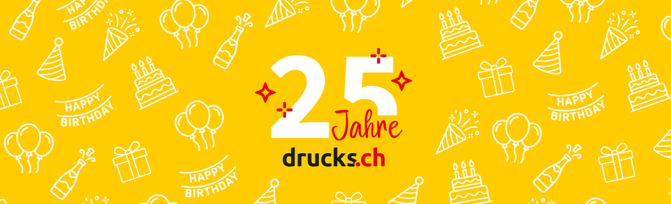 25 Jahre druck.at Schriftzug auf gelbem Hintergrund