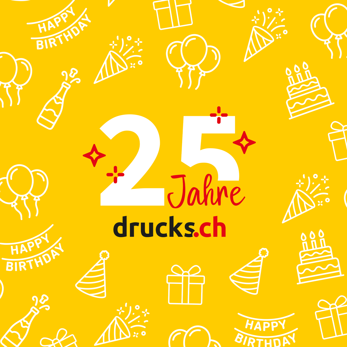 25 Jahre druck.at Schriftzug auf gelbem Hintergrund