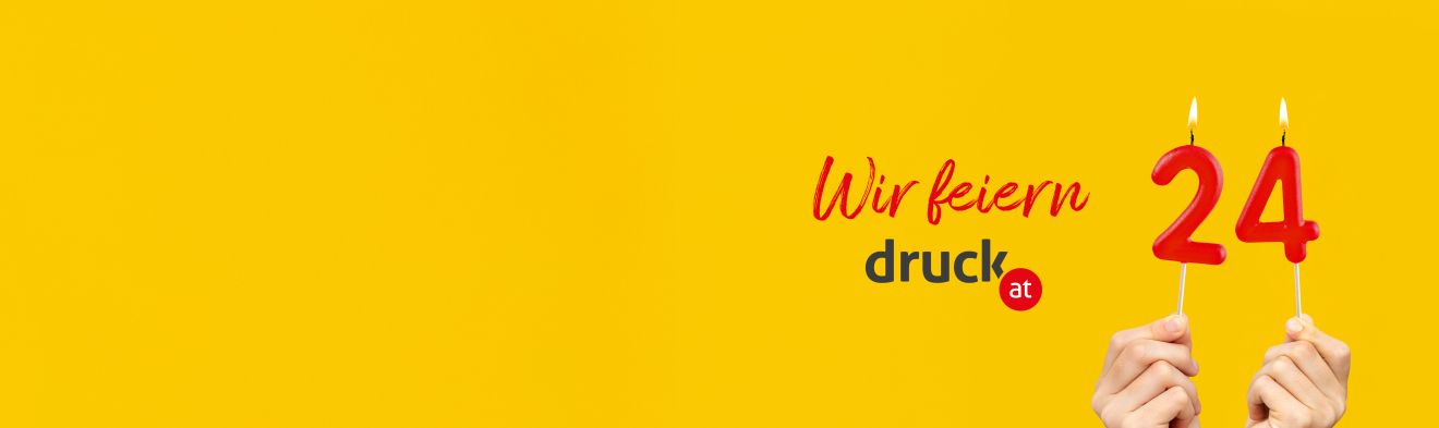 Rote Schrift mit "Wir feiern 24" auf gelben Hintergrund