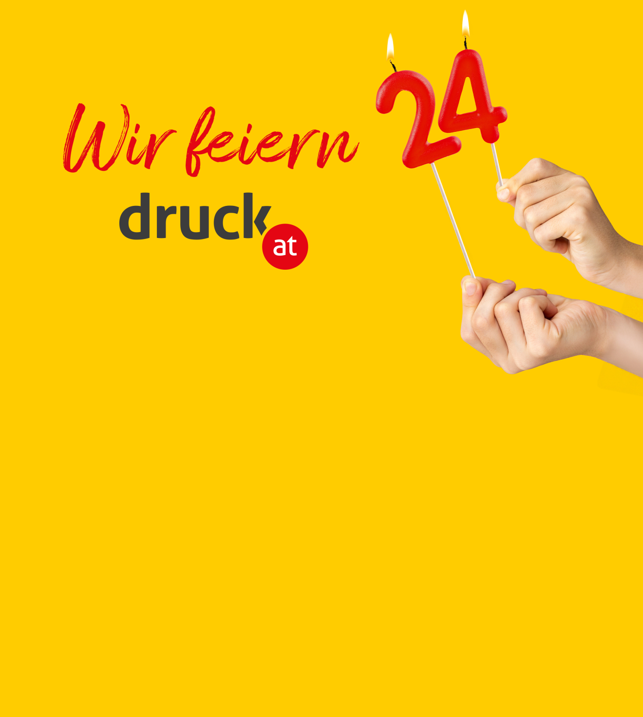 Rote Schrift mit "Wir feiern 24" auf gelben Hintergrund