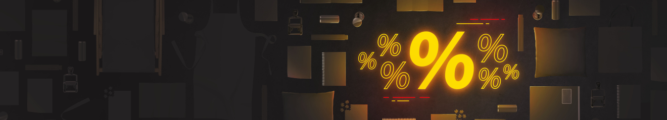 Gelbe Prozentzeichen in der Mitte umgeben von Drucksorten