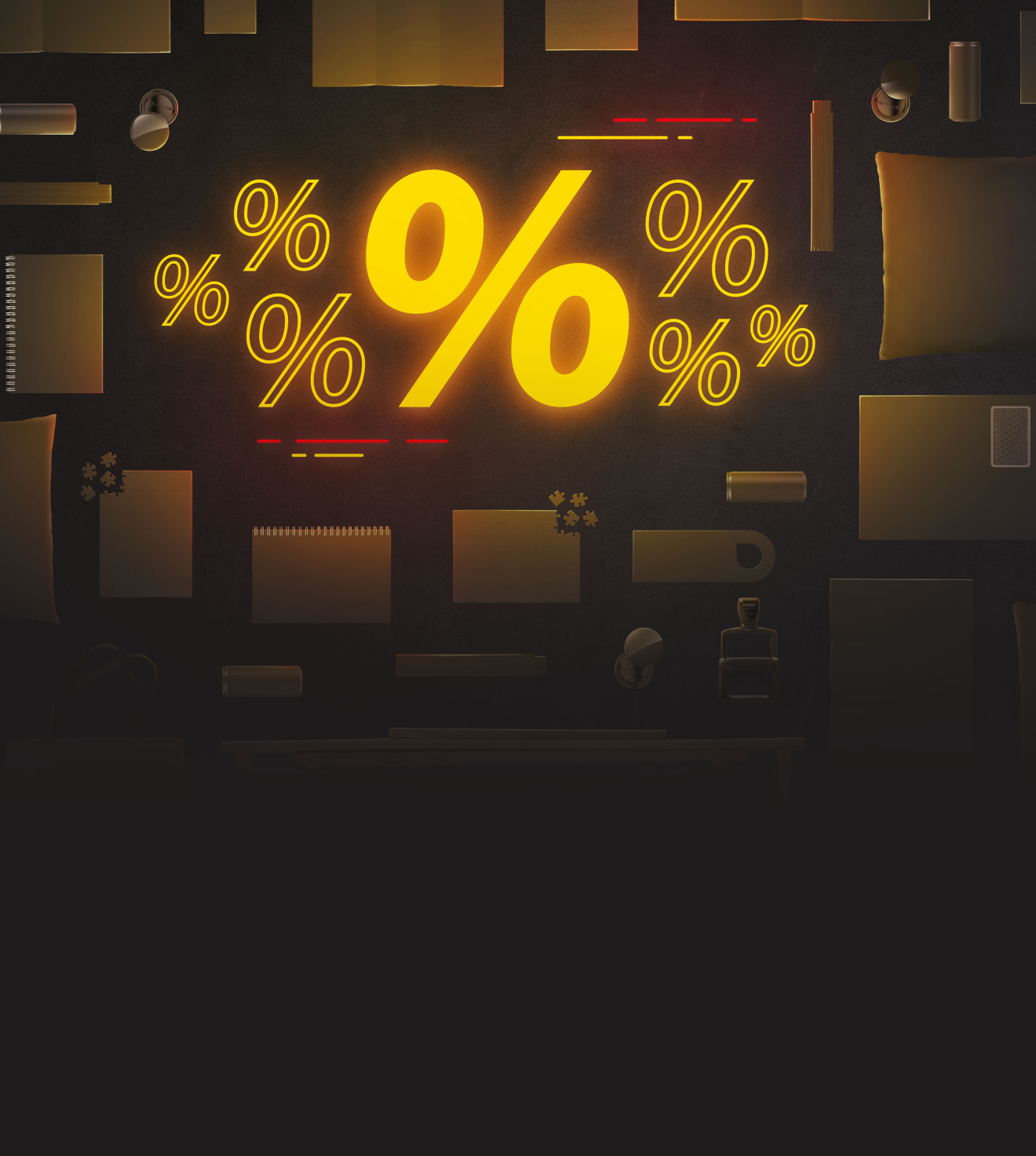 Gelbe Prozentzeichen in der Mitte umgeben von verschiedenen Drucksorten