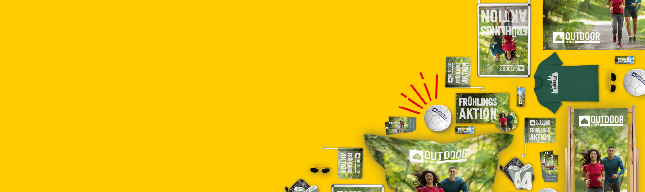 Outdoor Aktion 2026 - bedruckte Outdoorprodukte auf gelben Hintergrund