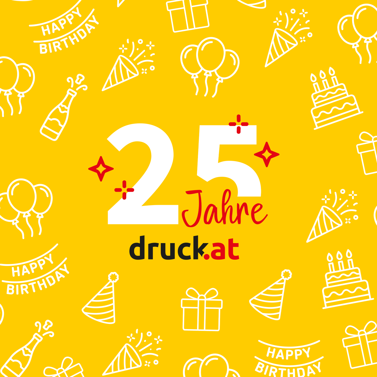 25 Jahre druck.at Schriftzug auf gelbem Hintergrund