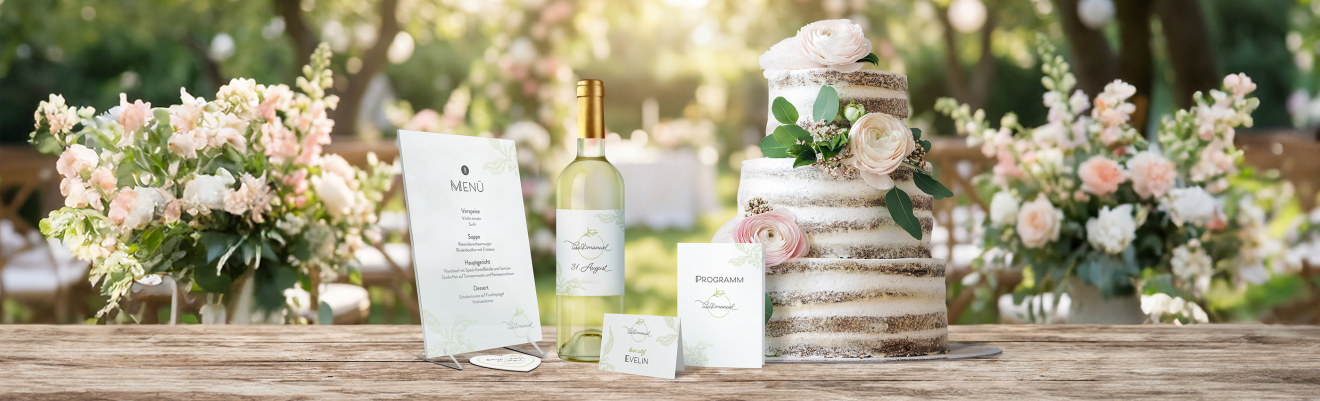 Druckprodukte für die Hochzeit stehen auf einem Holztisch