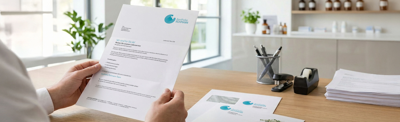 Person sitzt am Schreibtisch und öffnet gerade ein Mailing mit personalisiertem Branding
