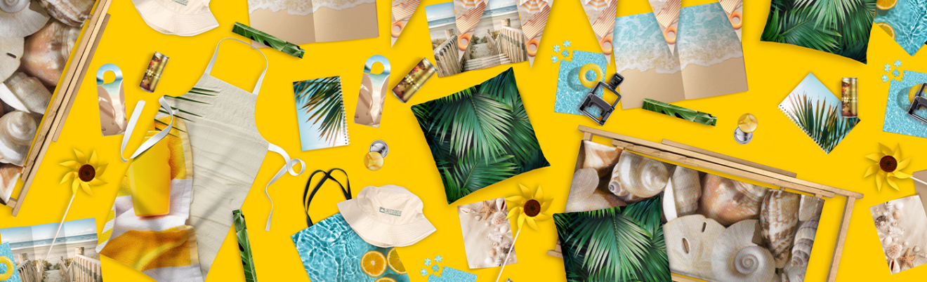 Verschiedene Druckprodukte im sommerlichen Design
