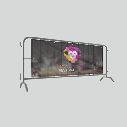 Banner für Absperrgitter auf grauem Hintergrund