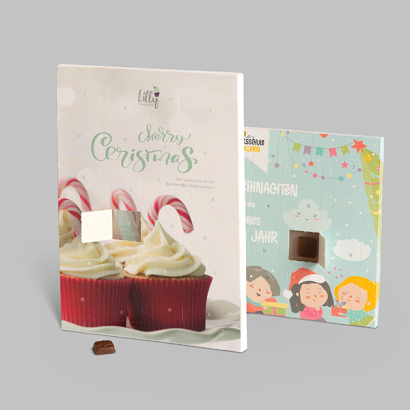 Schoko Adventskalender Tischkalender auf grauem Hintergrund