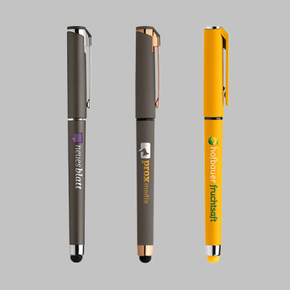 Gelschreiber mit Touchpen auf grauem Hintergrund