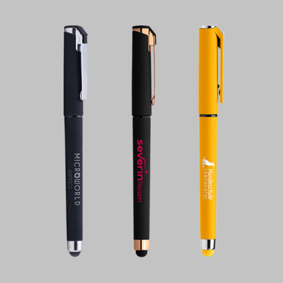Gelschreiber mit Touchpen auf grauem Hintergrund