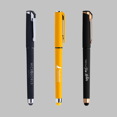 Gelschreiber aus Kunststoff mit Touchpen auf grauem Hintergrund