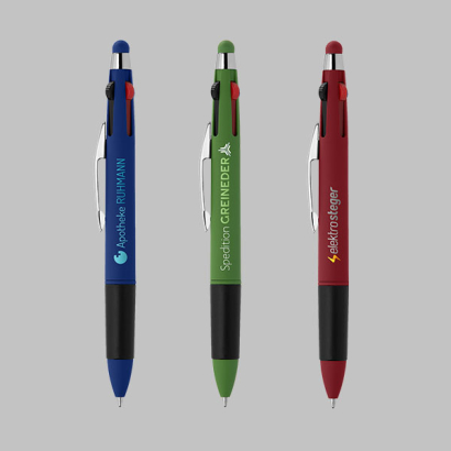 Kugelschreiber aus Kunststoff mit Touchpen mit Siebdruck auf grauem Hintergrund
