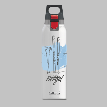 Individuell bedruckte SIGG Hot&amp;Cold One Light Trinkflasche auf grauem Hintergrund