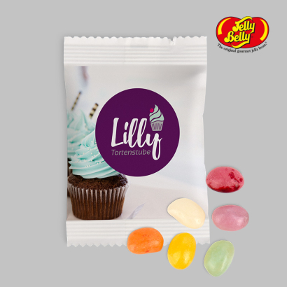 Individuell gestaltete Verpackung für Jelly Beans vor grauem Hintergrund