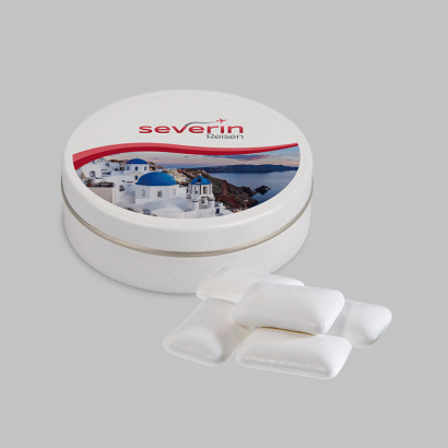 Individuell gestaltete XS Taschendose Kaugummi vor grauem Hintergrund