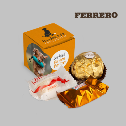 Mini-Kartonwürfel bedruckt mit Ihrem Design und gefüllt mit Raffaello, Ferrero Rocher oder Küsschen