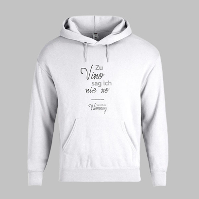 Weisser Hoodie von Fruit of the Loom mit Bauchtasche und mit Schriftzug auf der Vorderseite bedruckt