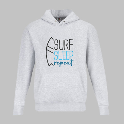 Hellgrauer Hoodie von Fruit of the Loom mit Bauchtasche und mit Motiv auf der Vorderseite bedruckt