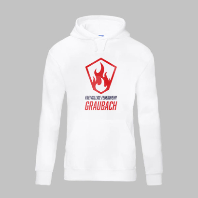 Weißer Kapuzenpullover von Russel bedruckt mit einem Motiv auf der Vorderseite