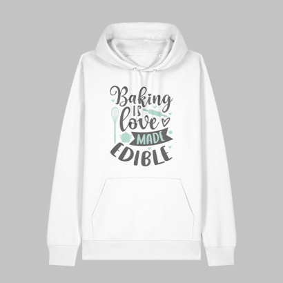 Personalisierter weisser Hoodie von Stanley/Stella mit Bauchtasche und Schriftzug auf der Vorderseite aufgedruckt