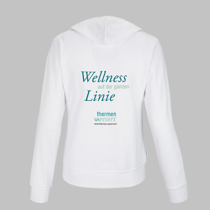 Weißer CottoVer Hoodie mit Zipper und personalisiertem Motiv auf der Rückseite 