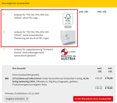 Overlay, wo man FSC Mix 70% auswählen kann