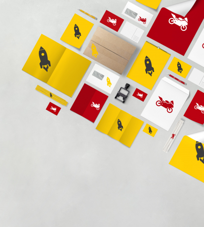 Express &amp; Karacho Themenwelt - verschiedene Druckprodukte in rot, weiß oder gelb auf grauem Hintergrund