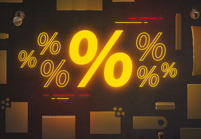 Gelbe Prozentzeichen in der Mitte umgeben von Drucksorten