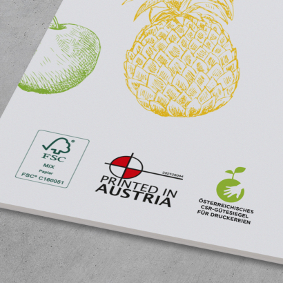 Zertifizierungen FSC, Printed in Austria und Österreichisches CSR-Gütesiegel für Druckereien