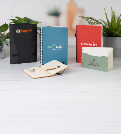 Verschiedene Notizbücher in unterschiedlichen und individuellen Design stehen auf einem Bürotisch neben Grünpflanzen