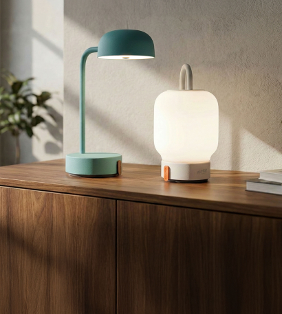 Verschiedene Lampen mit bedruckten und gravierten Design stehen auf einem Sideboard und leuchten
