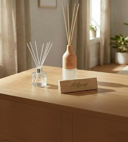 Verschiedene personalisierte Raumdüfte stehen auf einem Regal in einem Wohnzimmer