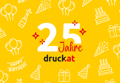 25 Jahre druck.at Schriftzug auf gelbem Hintergrund