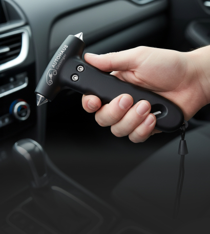Hand hält einen personalisierten Notfallhammer in einem Auto