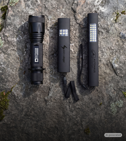 Drei Taschenlampen mit individuellen Design auf einem Felsen