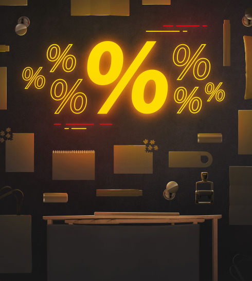 Gelbe Prozentzeichen in der Mitte umgeben von Drucksorten 