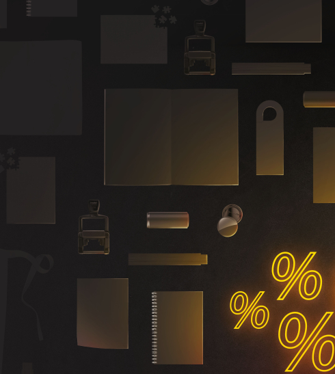 Gelbe Prozentzeichen in der Mitte umgeben von Drucksorten