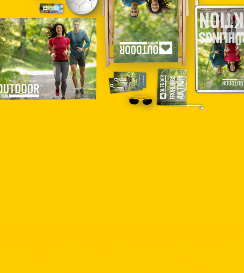 Outdoor Aktion 2026 - bedruckte Outdoorprodukte auf gelben Hintergrund