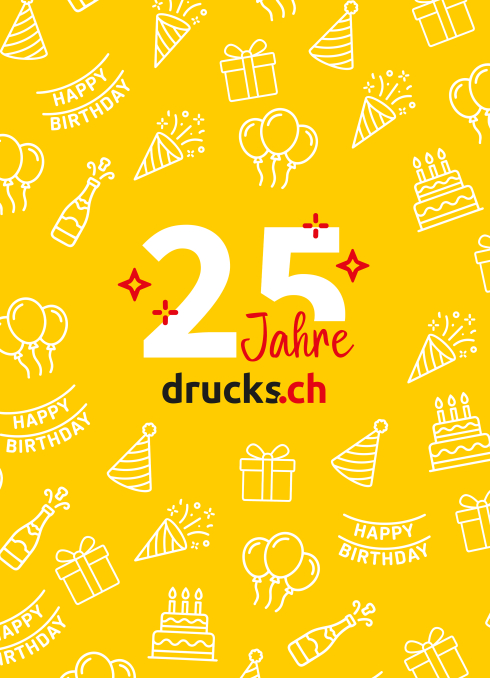 25 Jahre drucks.ch Schriftzug auf gelbem Hintergrund