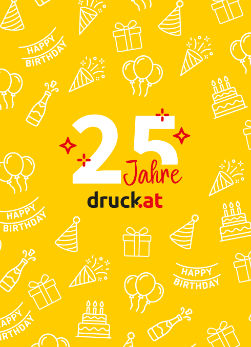 25 Jahre druck.at Schriftzug auf gelbem Hintergrund