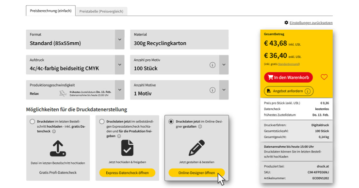 Desktopansicht von der Auswahl eines Produktes